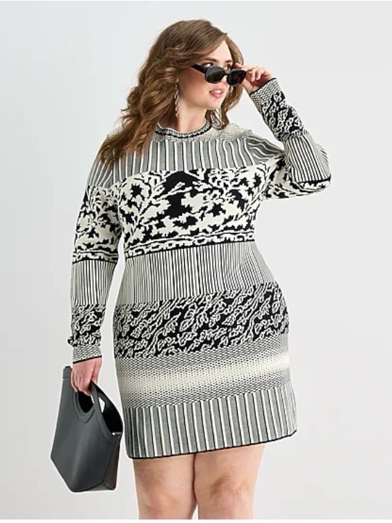 Ashley Graham Size 2x Crew Neck Long Sleeve Fitted Jacquard Bodycon Dress. New